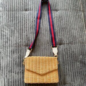 Fallon & Royce Woven Rattan Crossbody Bag with Stripe Strap